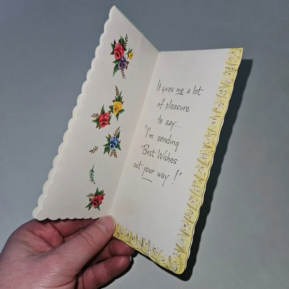 VTG Hello Best Wishes Embossed Greeting Card Scalloped Flowers NEVER USED